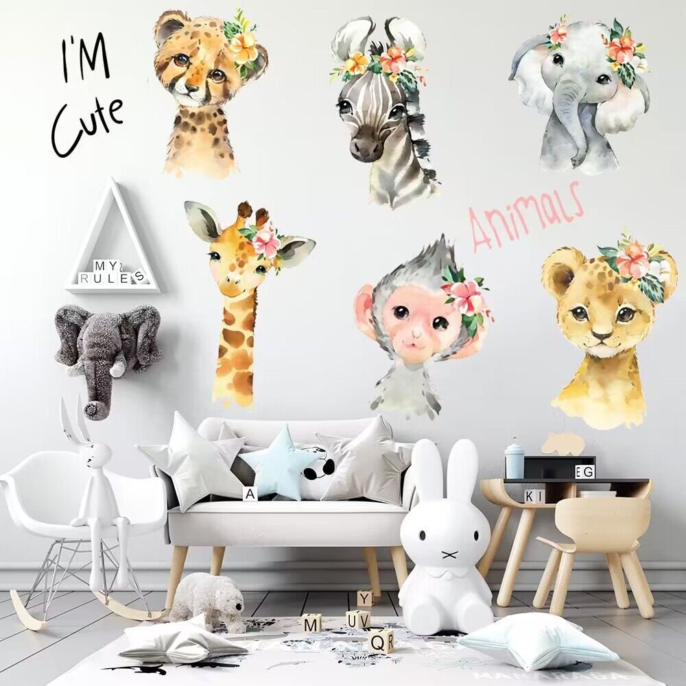 Forest Animal Decal Jungle Elephant-zebra-giraffe-monkey Sticker Pvc Decal-kids  Wall Decal- Removabl on Luulla, image size:1000x1000