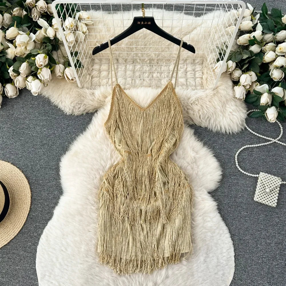 gold glitter fringe dress Scala 80200 Short Homecoming Beaded Fringe Cocktail Dress main image 1