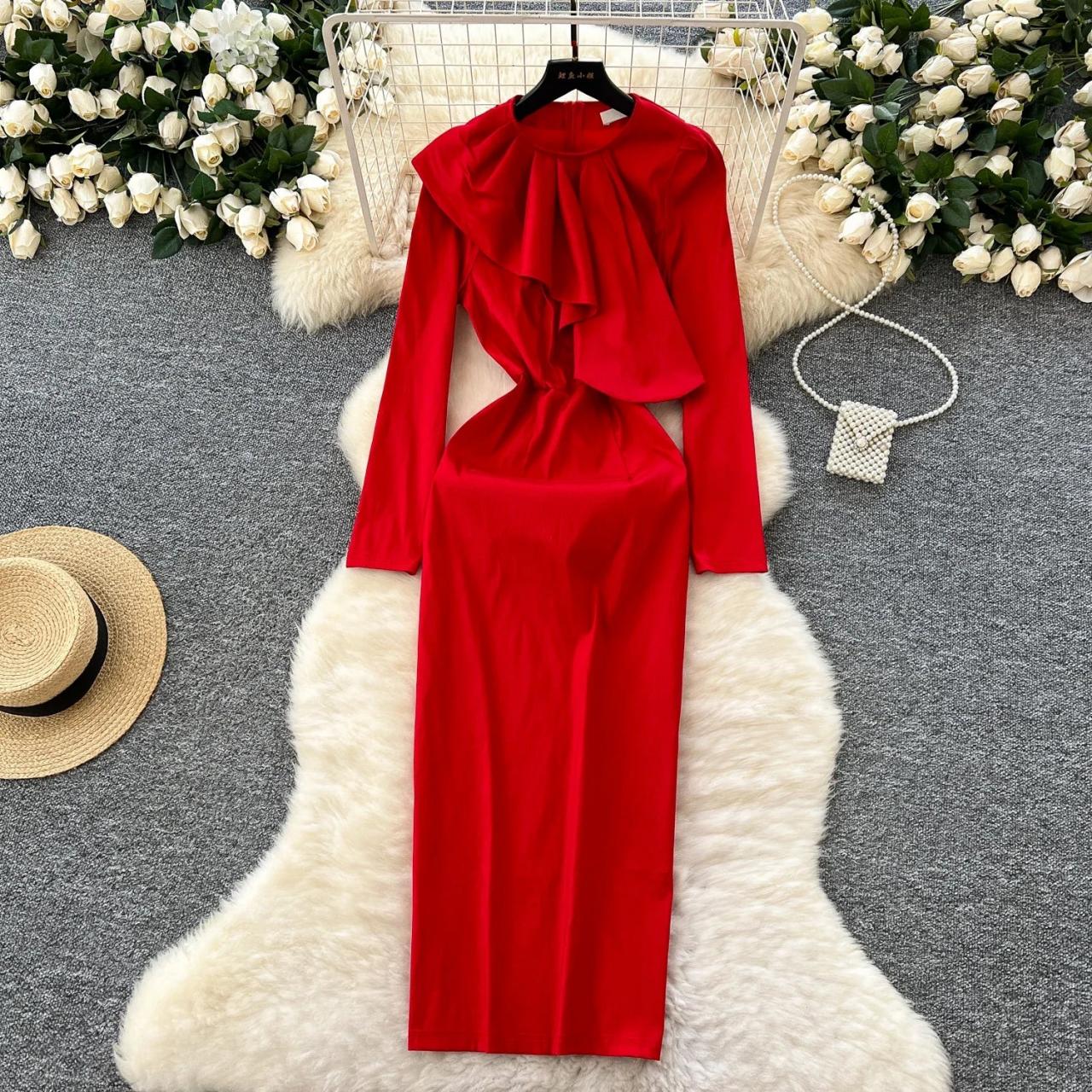 red long sleeve maxi dress formal Jayla Red Ombre Satin Asymmetric Maxi Dress With Long-Sleeve – Club L  London main image 0
