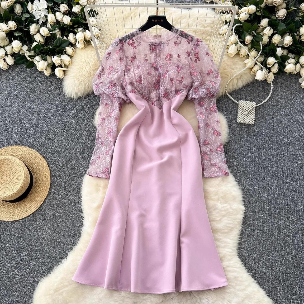 Lace Embroidered Pink Dress With Sheer Sleeves