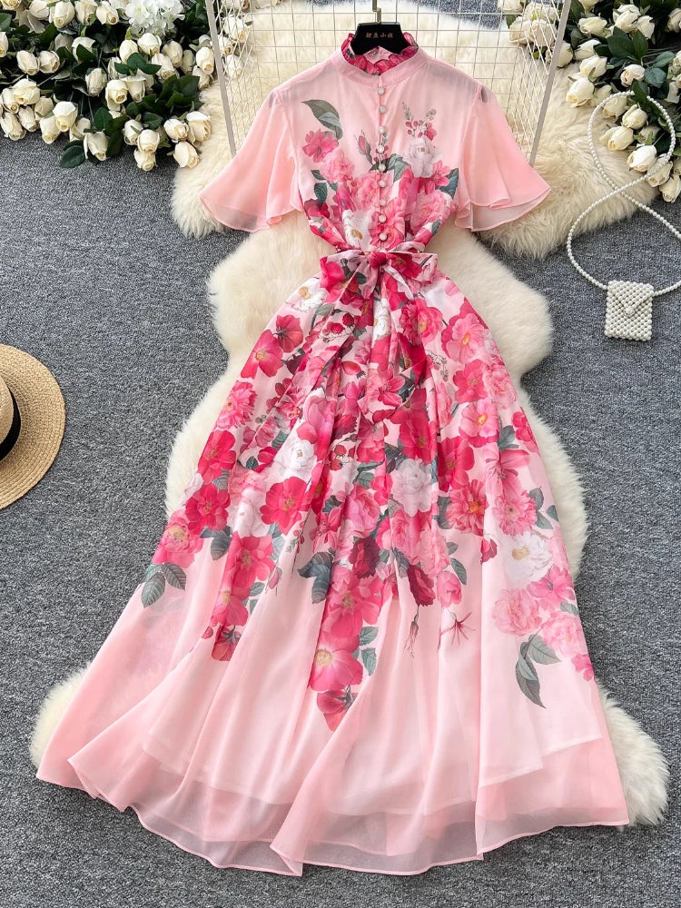 Floral Chiffon Long Pink Flowing Maxi Dress
