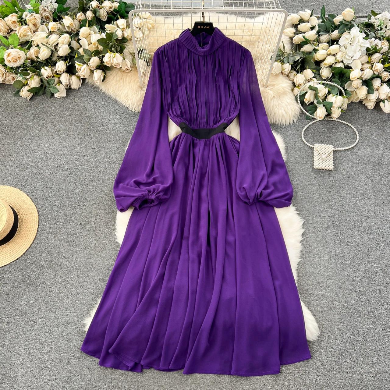 purple balloon sleeve dress Purple Cotton Poplin Fit and Flare Balloon Sleeves Short Dress 48" / Regular (5'2"