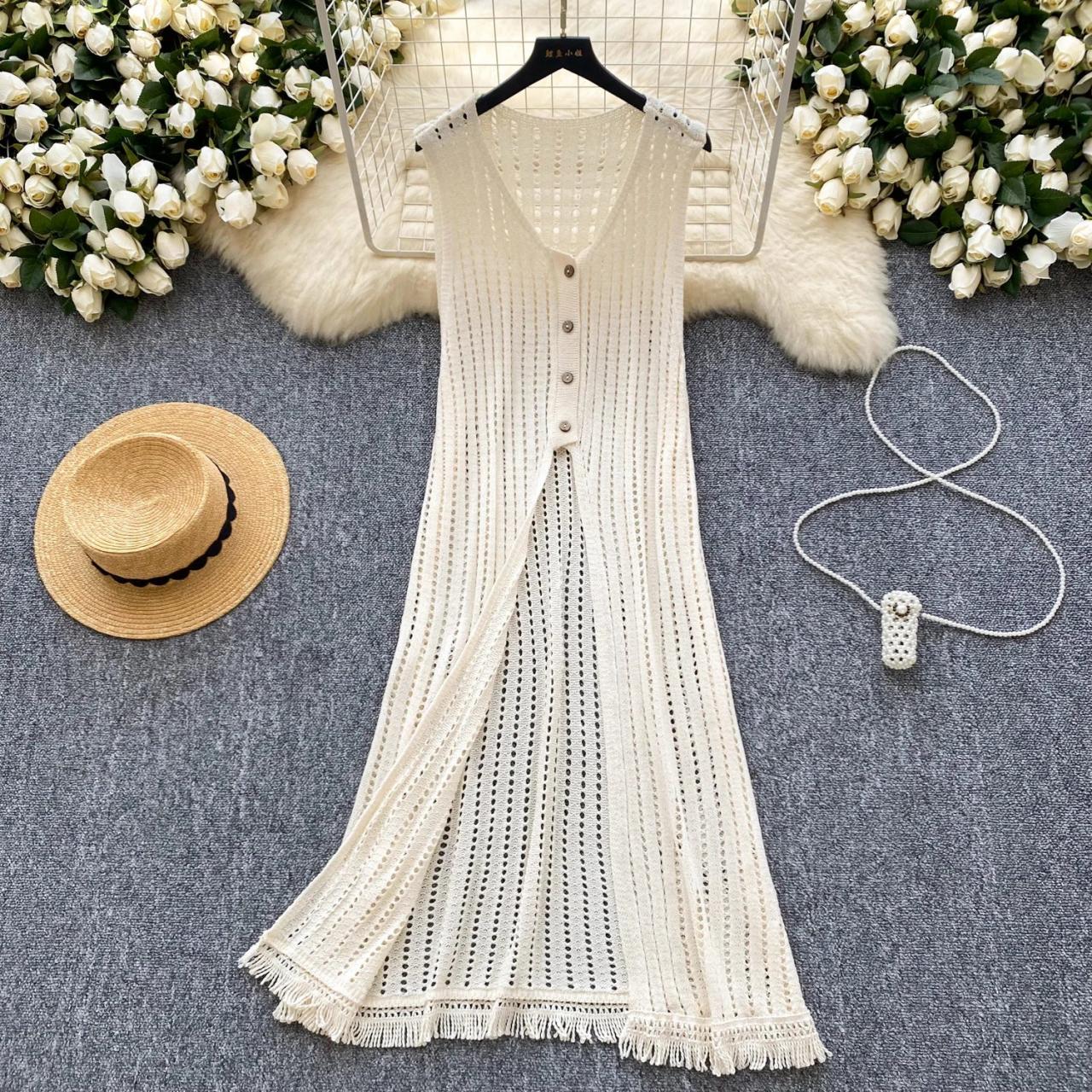 Sleeveless Beige Knit Maxi Dress With