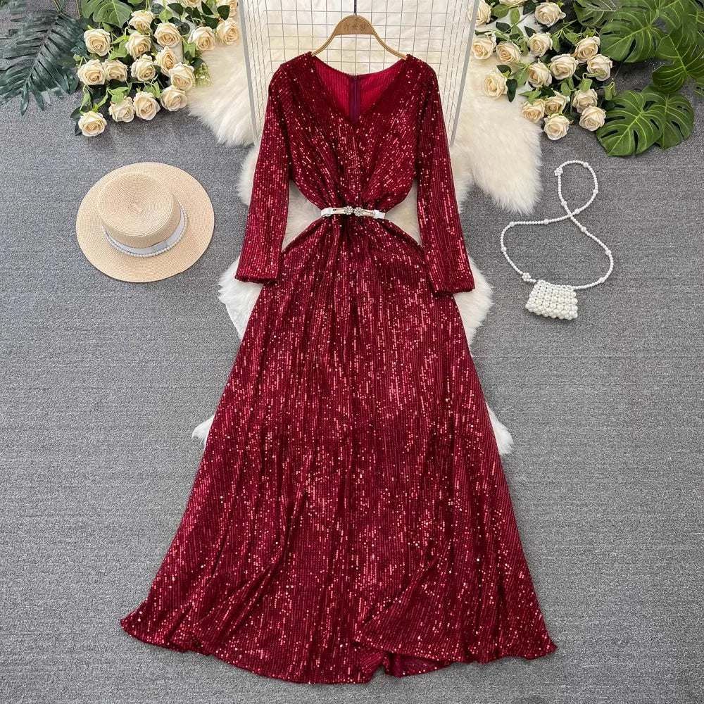 knee length dresses for ladies Gigii's Gala Sequined Maxi Dress