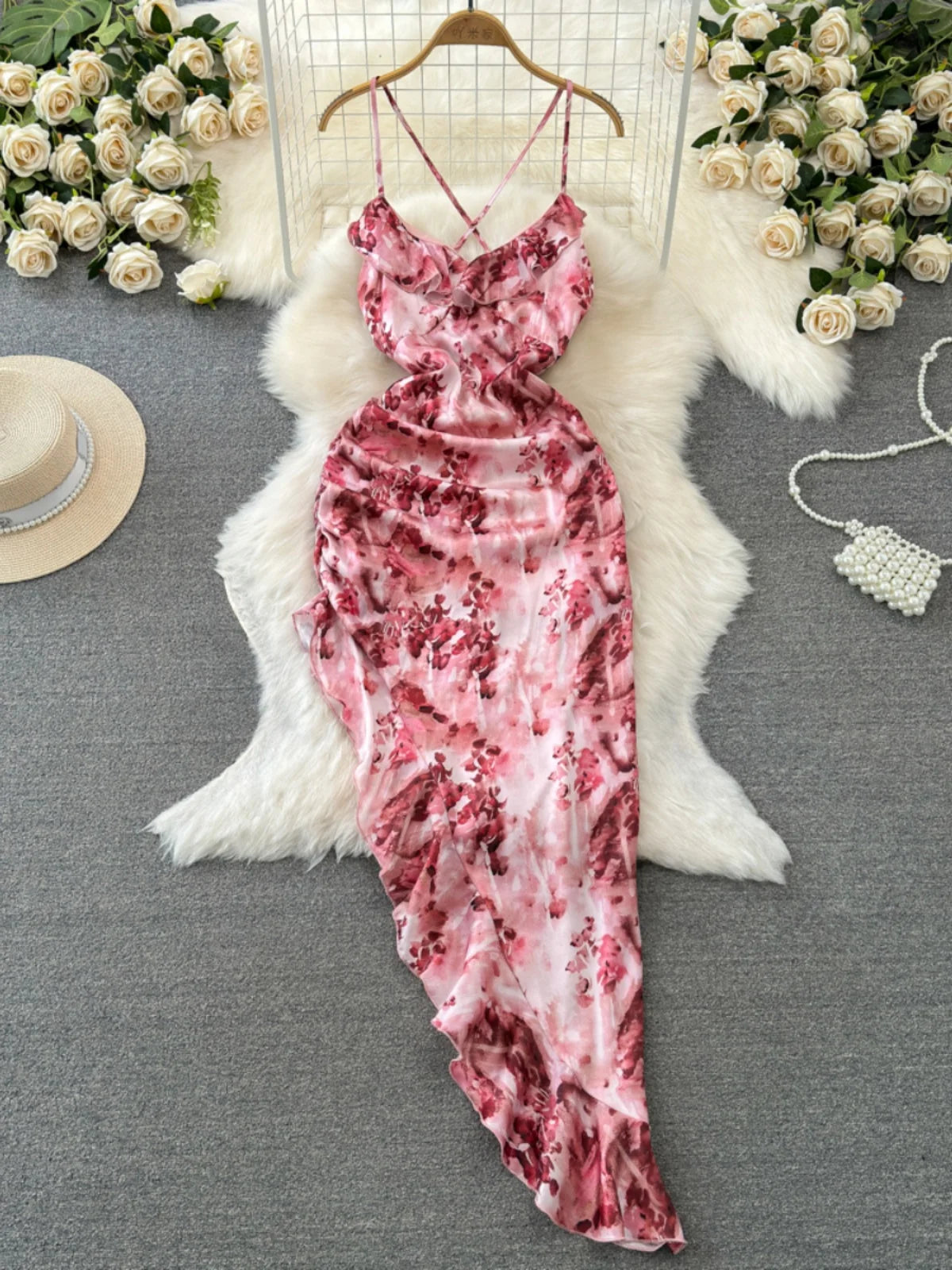 Floral Satin Bodycon Dress With Ruffle Hem on Luulla