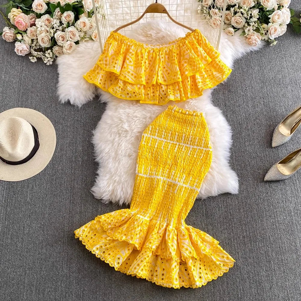 yellow ruffle off the shoulder dress Sherri Hill 57200