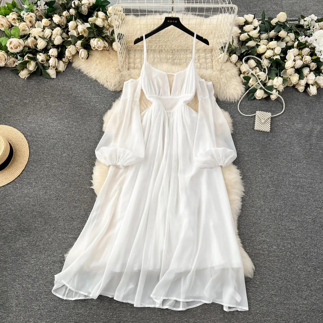 Flowing White Dress with Sheer Sleeves Charm