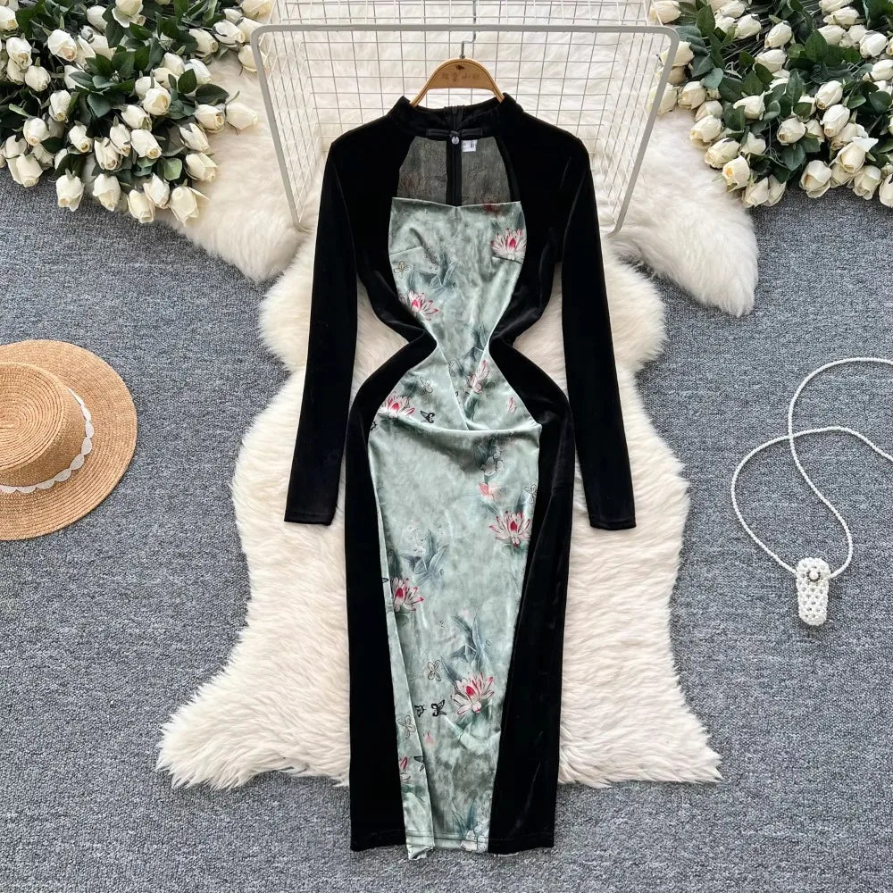 Floral Velvet High-slit Bodycon Dress With Sleeves