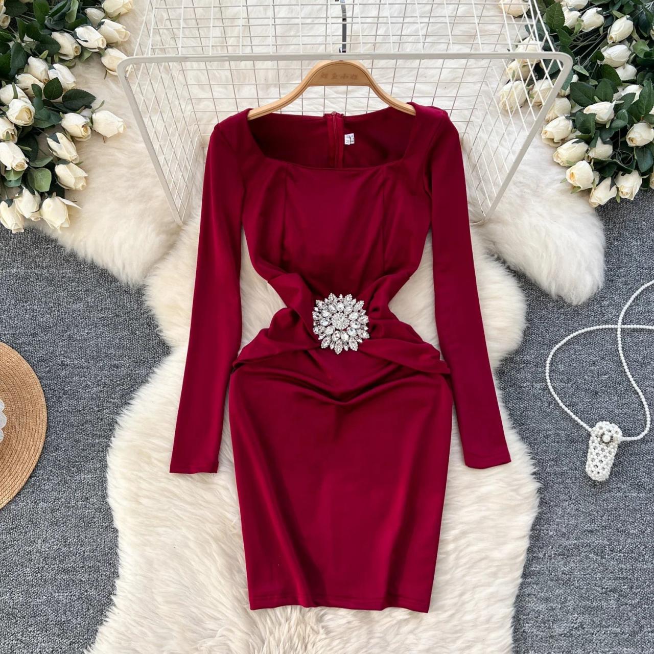 Ruby Red Long-sleeve Dress With Rhinestone Accent on Luulla