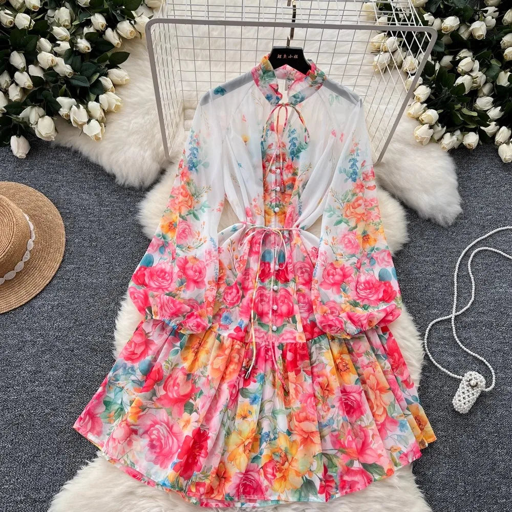 Vibrant Floral Sheer Long-sleeve Layered Maxi Dress