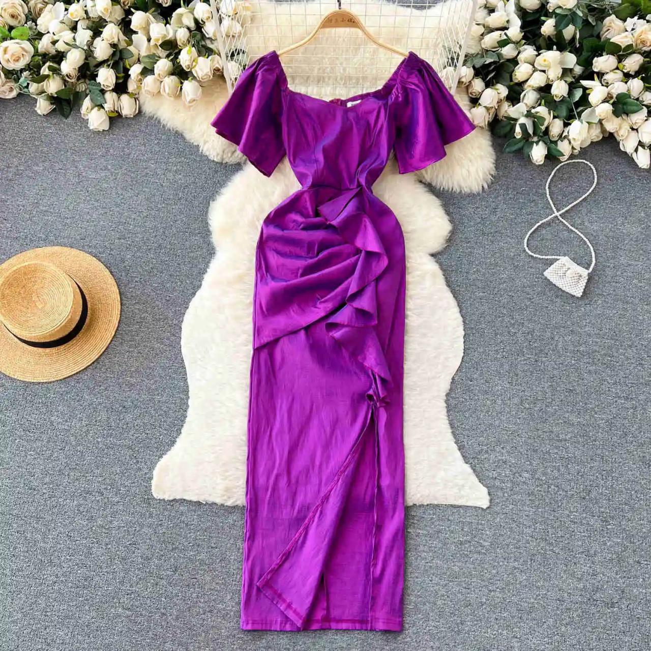 Purple Ruffle Short Sleeve Maxi Dress