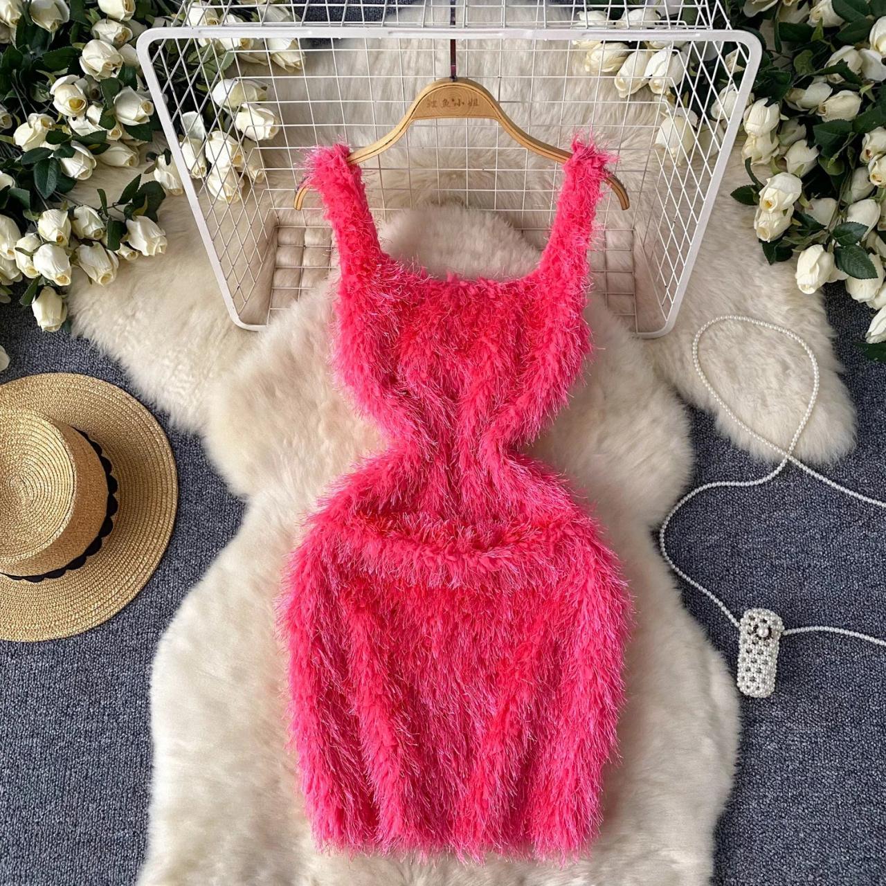 fluffy pink dress Fluffy Pink Sleeveless Furry Textured Bodycon Dress