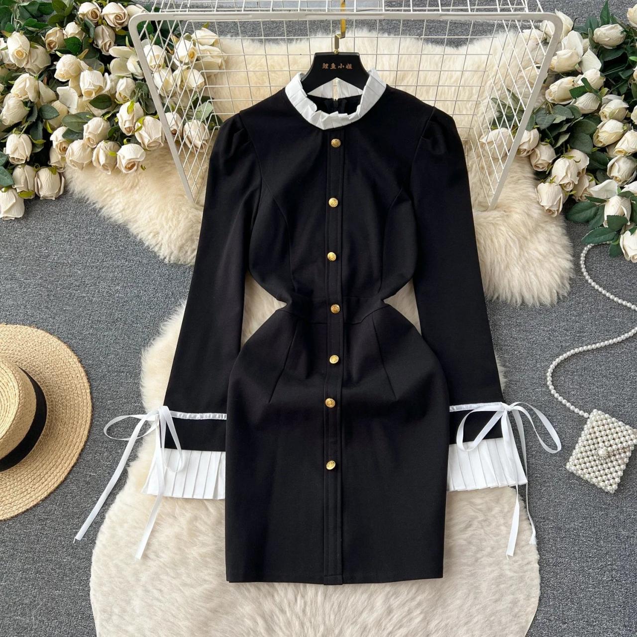 Buttoned Black Dress With White Contrast Cuffs on Luulla