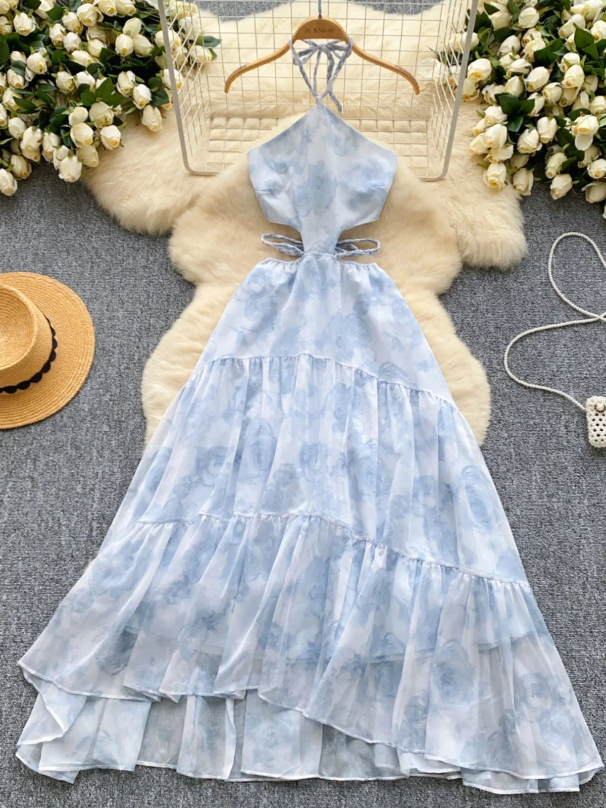 Flowing Blue Halter Layered Chiffon Summer Dress