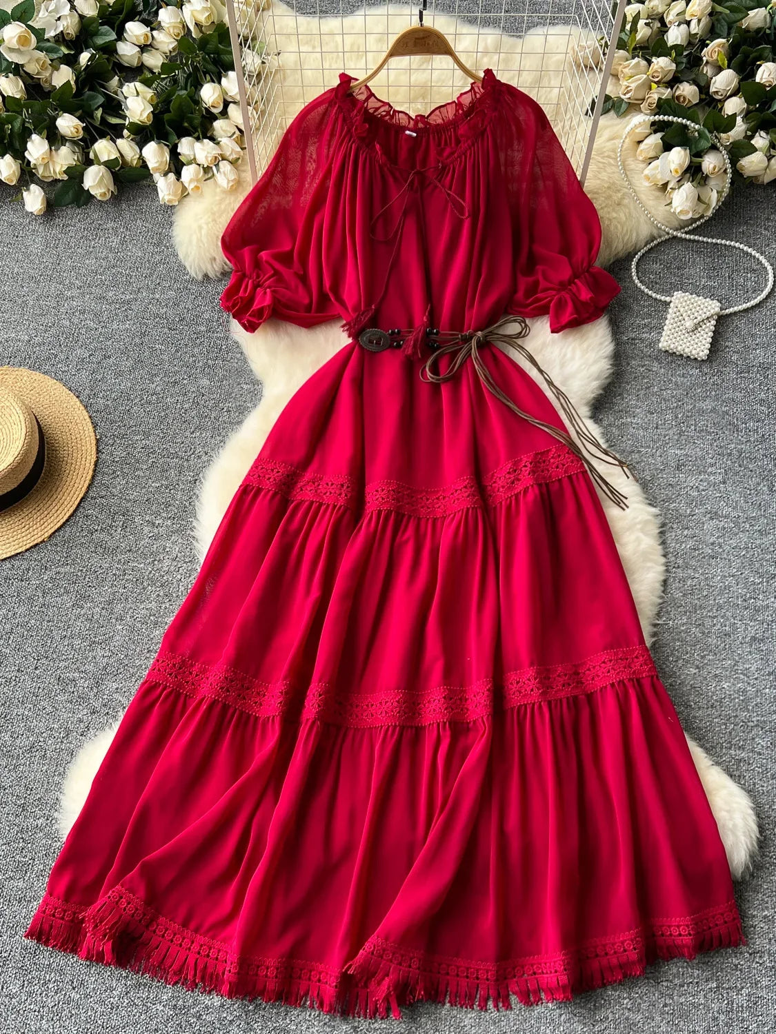Womens Red Lace Belted Maxi Dress With Sleeves on Luulla