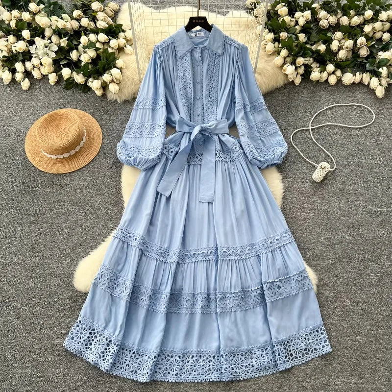 Lace Trim Long Sleeve Bow-tie Maxi Dress on Luulla