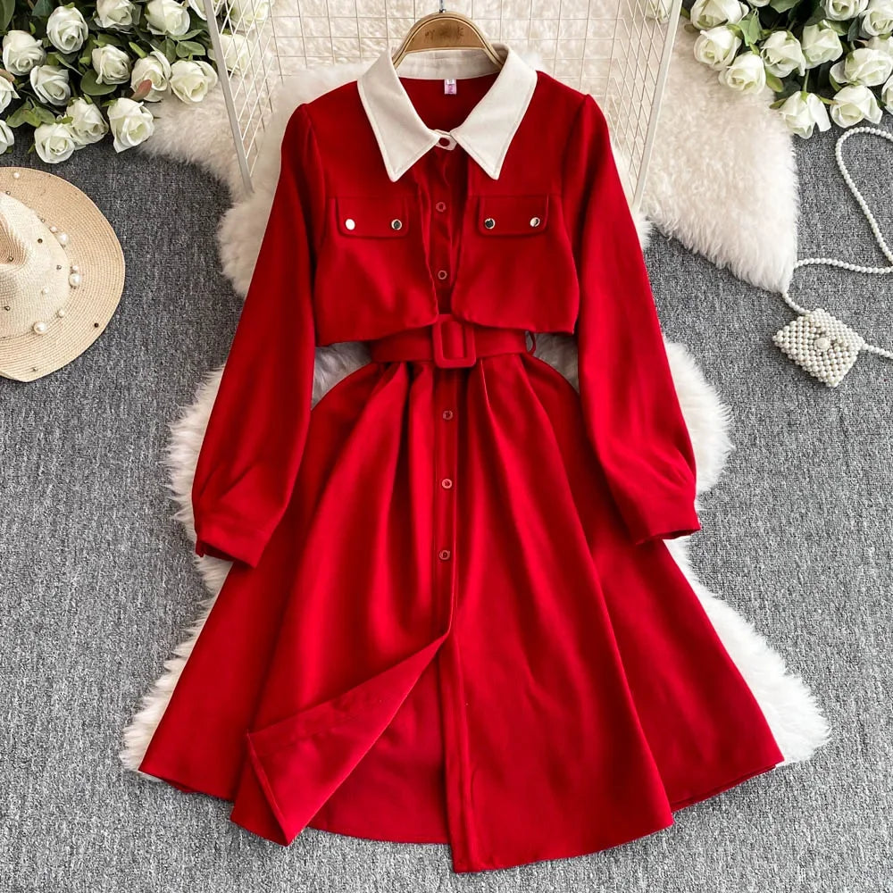 Red Belted Long-Sleeve Dress with White Collar