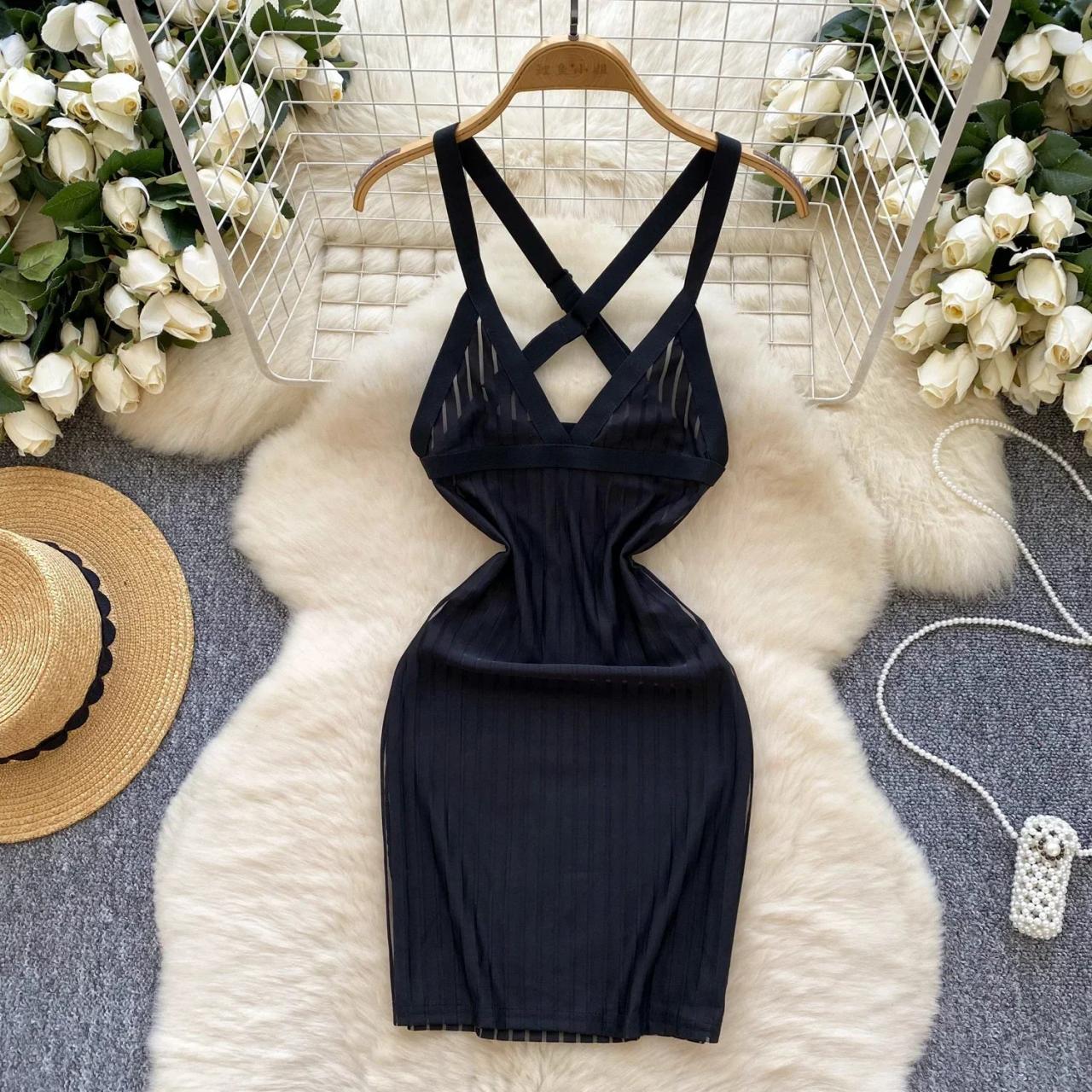 Black Strappy Mesh Panel Bodycon Mini Dress on Luulla