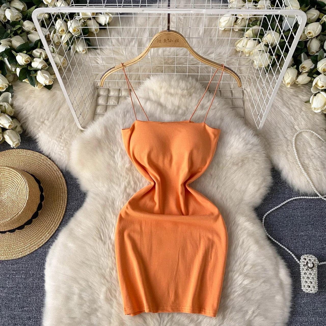 Orange Sleeveless Fitted Womens Summer Party Dress