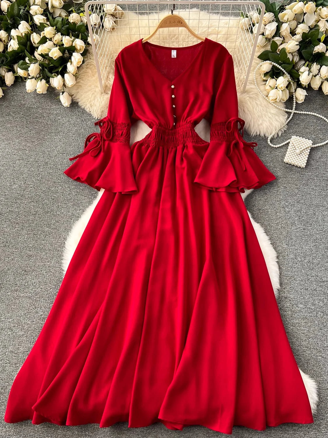 green emerald velvet dress I.H.F Red Long Sleeves with Draped Waist Gown