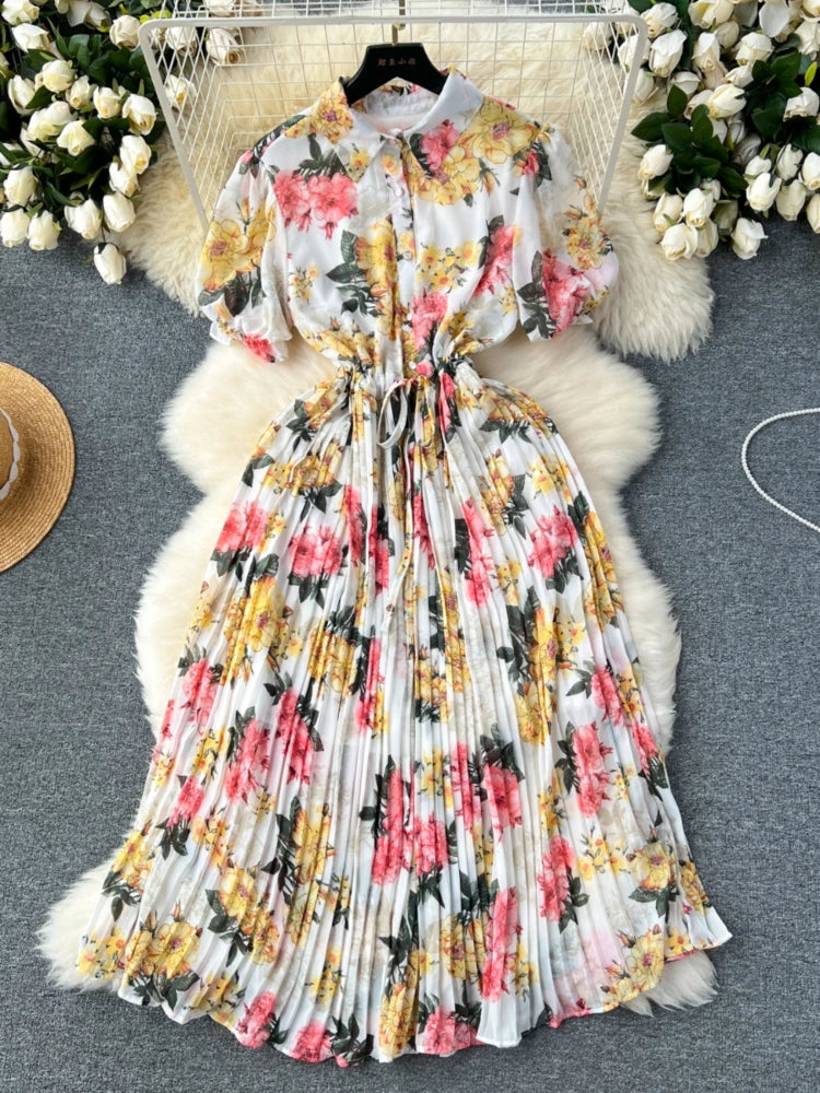 pleated floral chiffon maxi dress Women's Floral Chiffon Maxi Dress V-Neck Long Sleeve High Waist Tiered  Pleated B