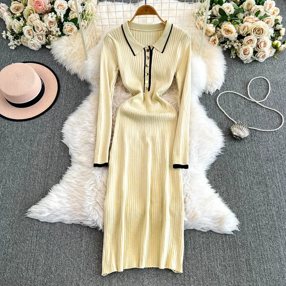 Casual Ribbed Knit Long Sleeve Polo Dress on Luulla
