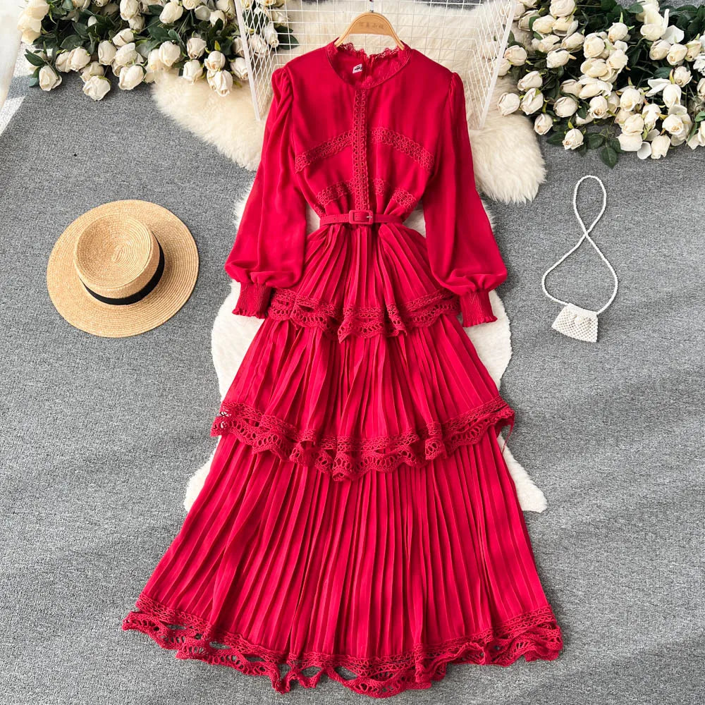 red long sleeve flare dress Long Sleeve Fit-and-Flare Shirt Dress – Luxeire main image 1