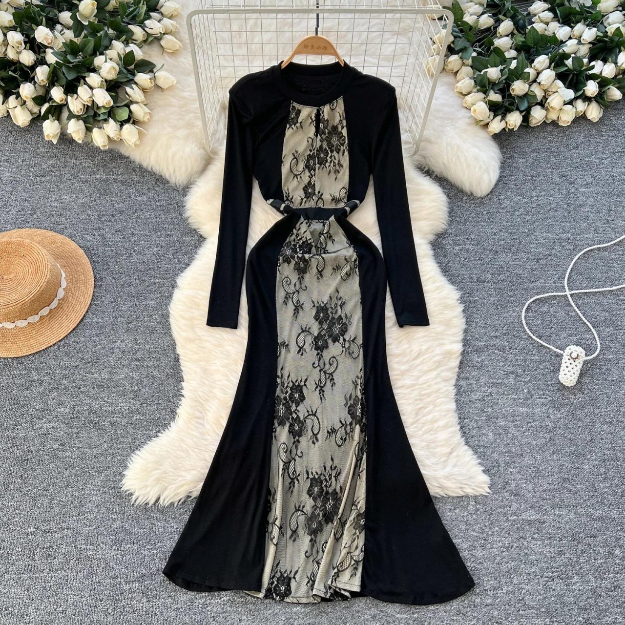 Black Long-sleeve Dress With Floral Lace Panels