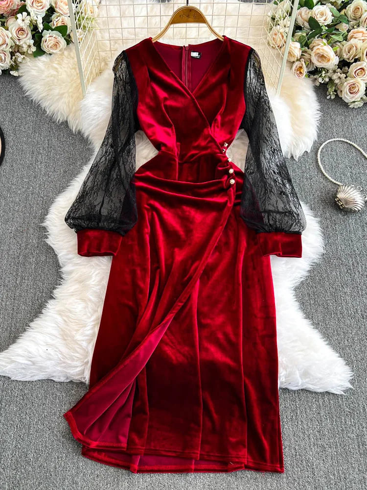 open lace back dress Roxanne Long Sleeve Velvet Wrap Mini Dress