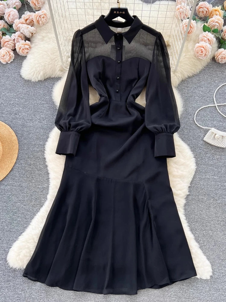 black midi dress sheer sleeves CHRISTIAN SIRIANO SHEER LONG SLEEVE TASSLE FLARED BLACK MIDI DRESS sz 6