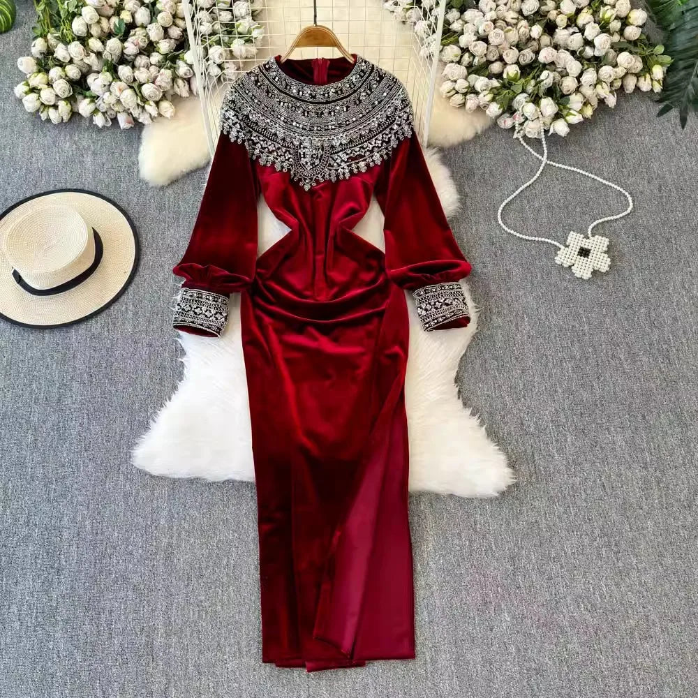 beaded velvet dress Wine Velvet Beaded One-Shoulder Long Formal Dress with Slit Burgundy / 6