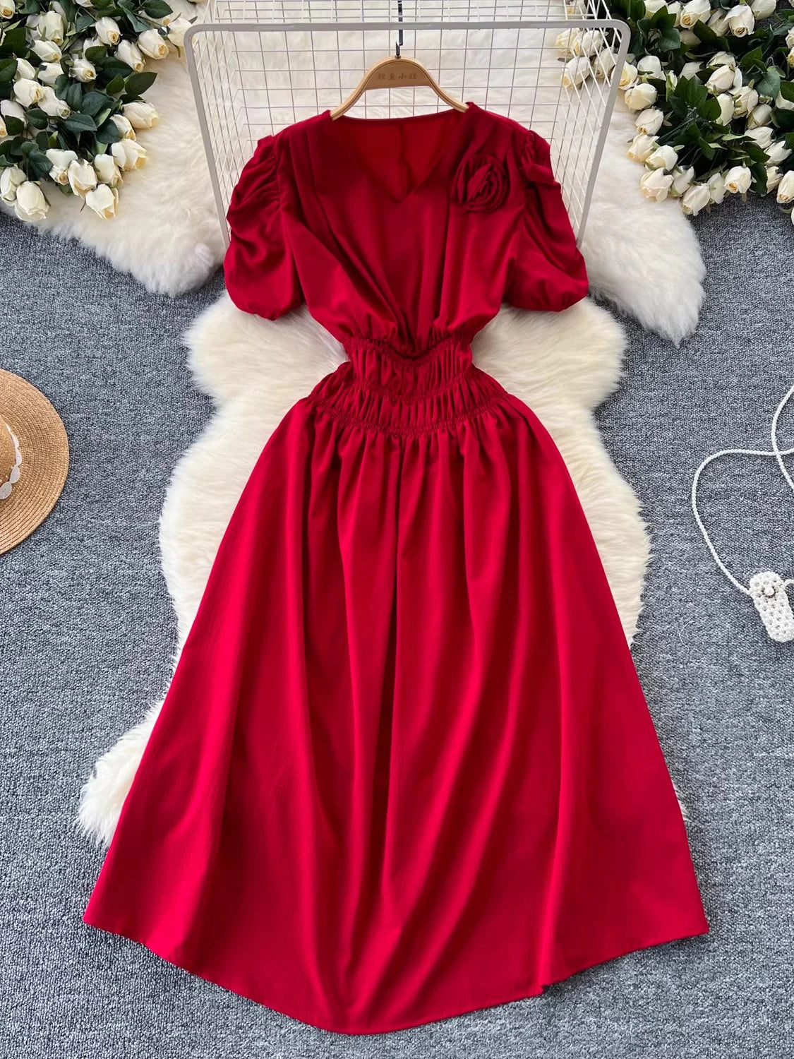 fitted lace wedding dress !!!!Red Cinched waist dress( Pre-order)