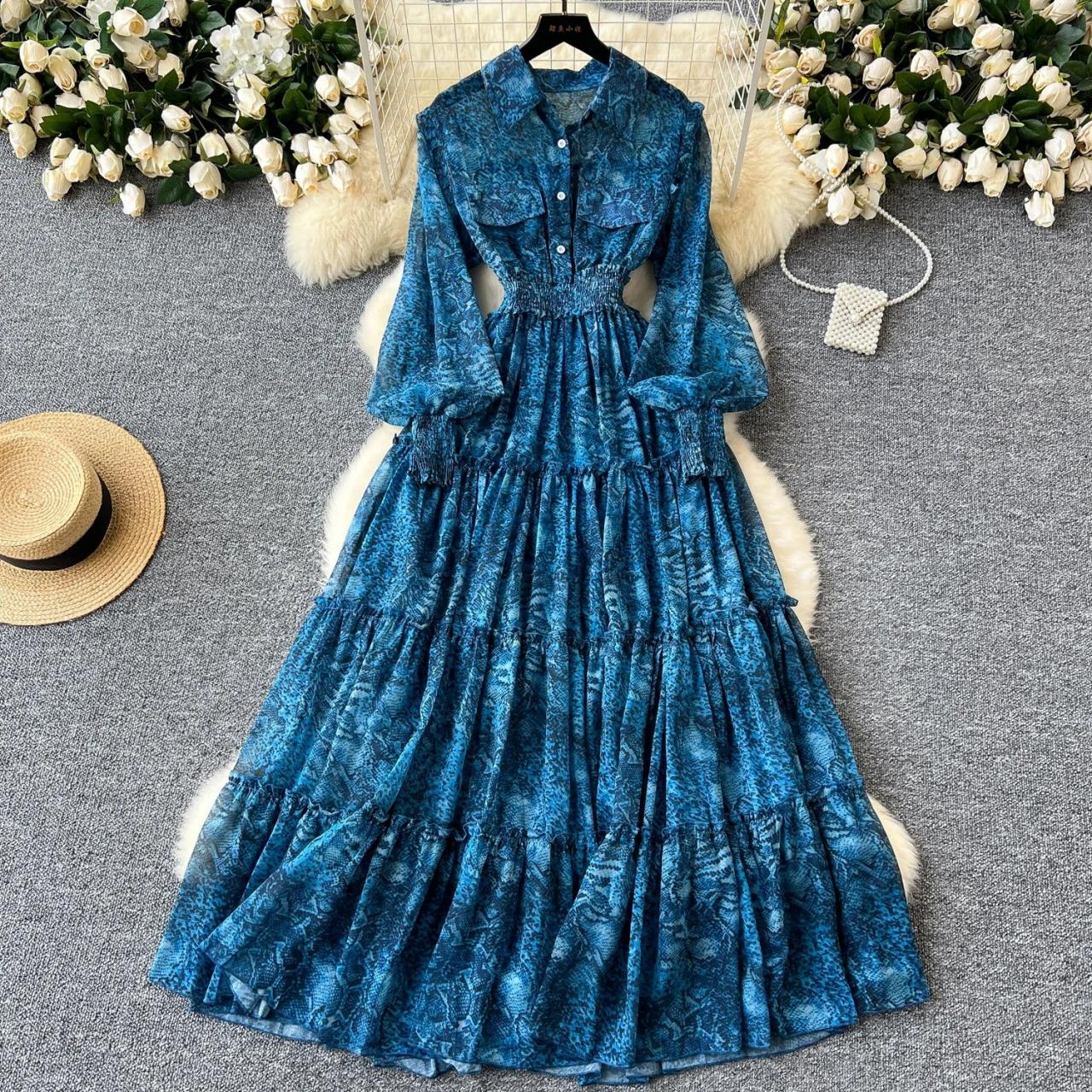 Blue Long Sleeve Tiered Maxi Dress