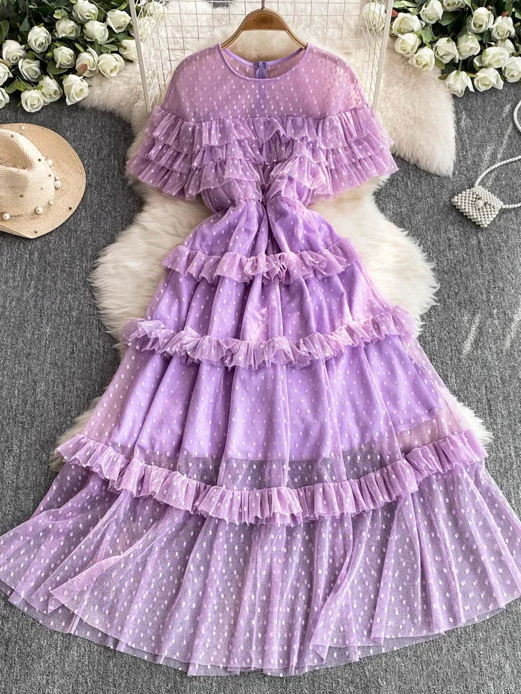 dotted mesh tulle dress 1950's Vintage inspired polka dot mesh tulle brown midi tea length princess ball dress