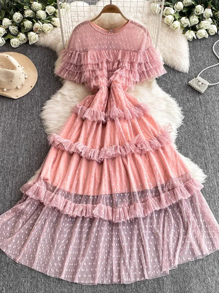 Lavender Ruffle Tiered Polka Dot Mesh Dress on Luulla