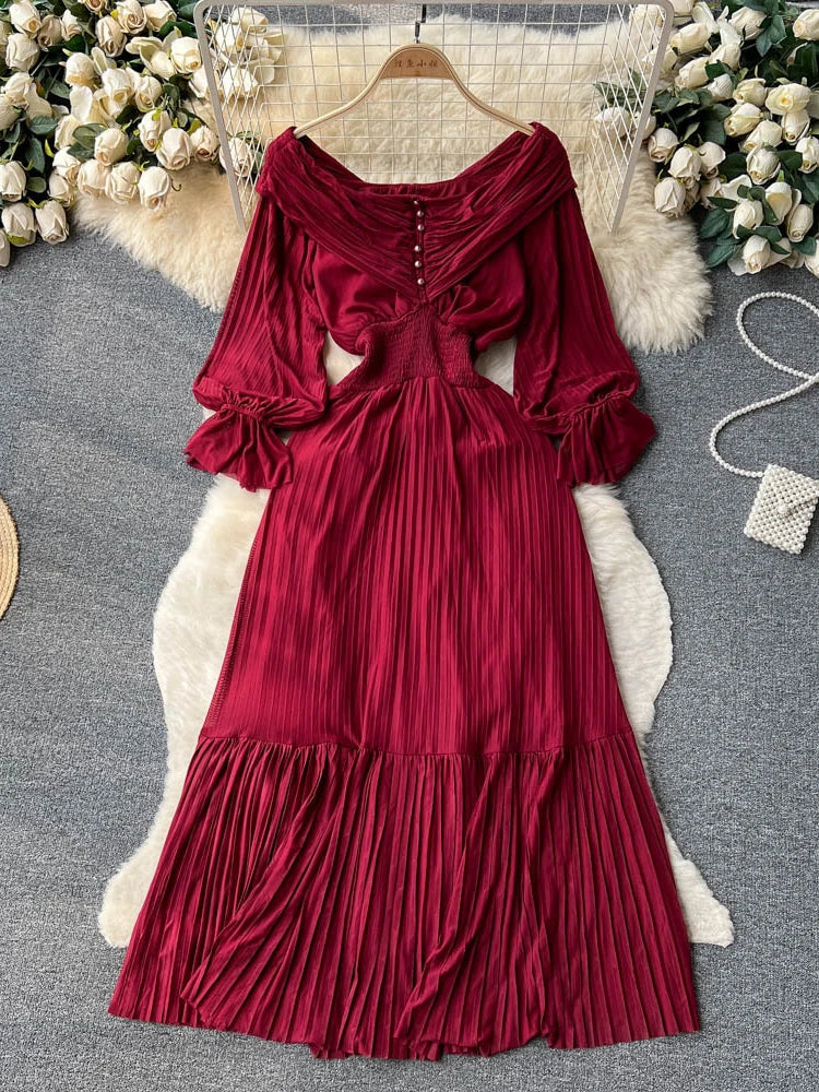 Off-shoulder Pleated Purple Long-sleeve Midi Dress on Luulla