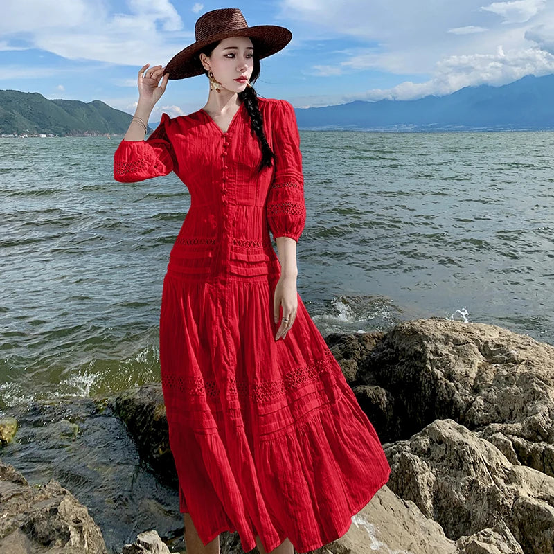 knee length dresses for ladies Red Bodycon Long Sleeve Lace Maxi Dress Red / L main image 1