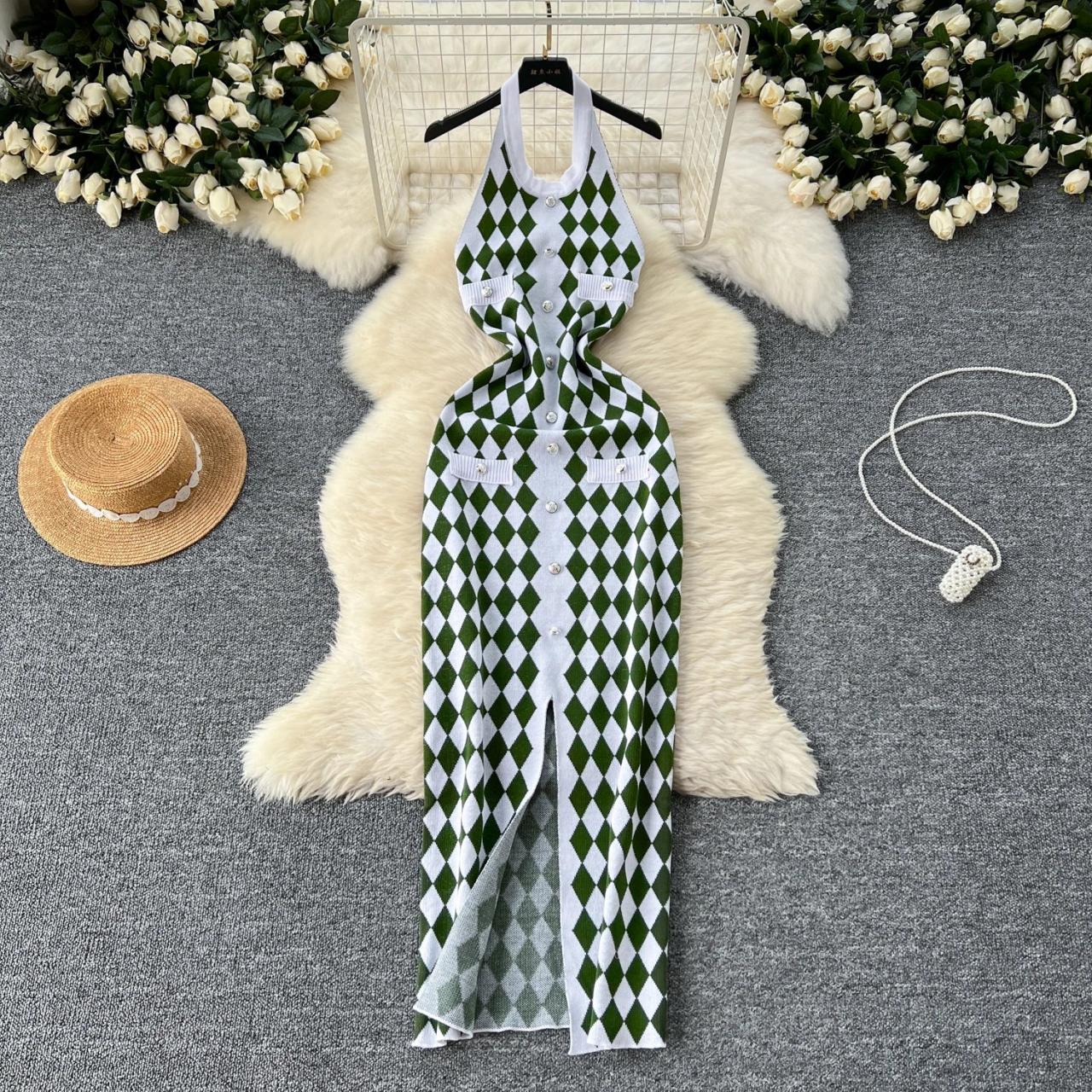 Argyle Pattern Knit Sleeveless Maxi Dress Green