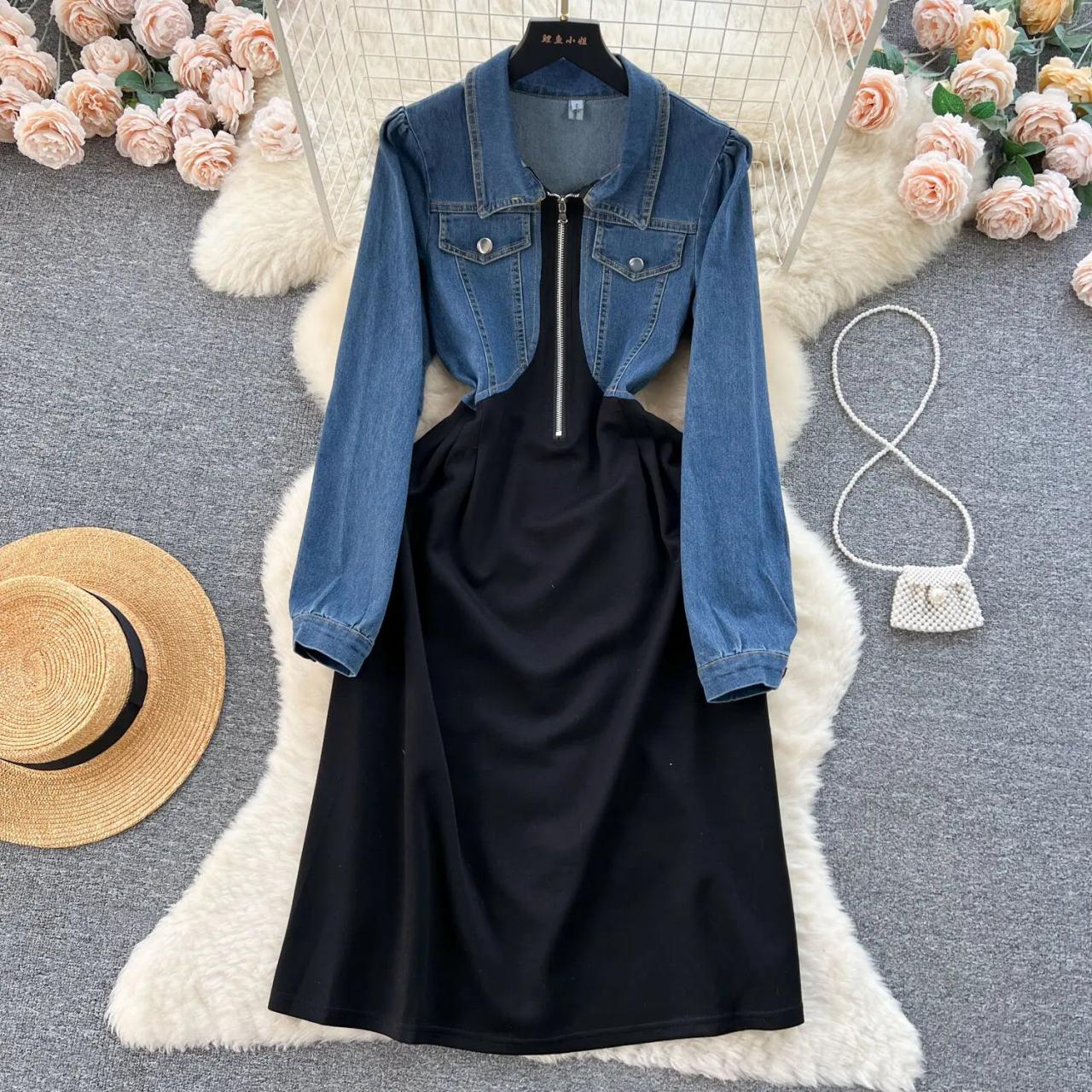 Denim Jacket With Black Zippered Dress Combo on Luulla