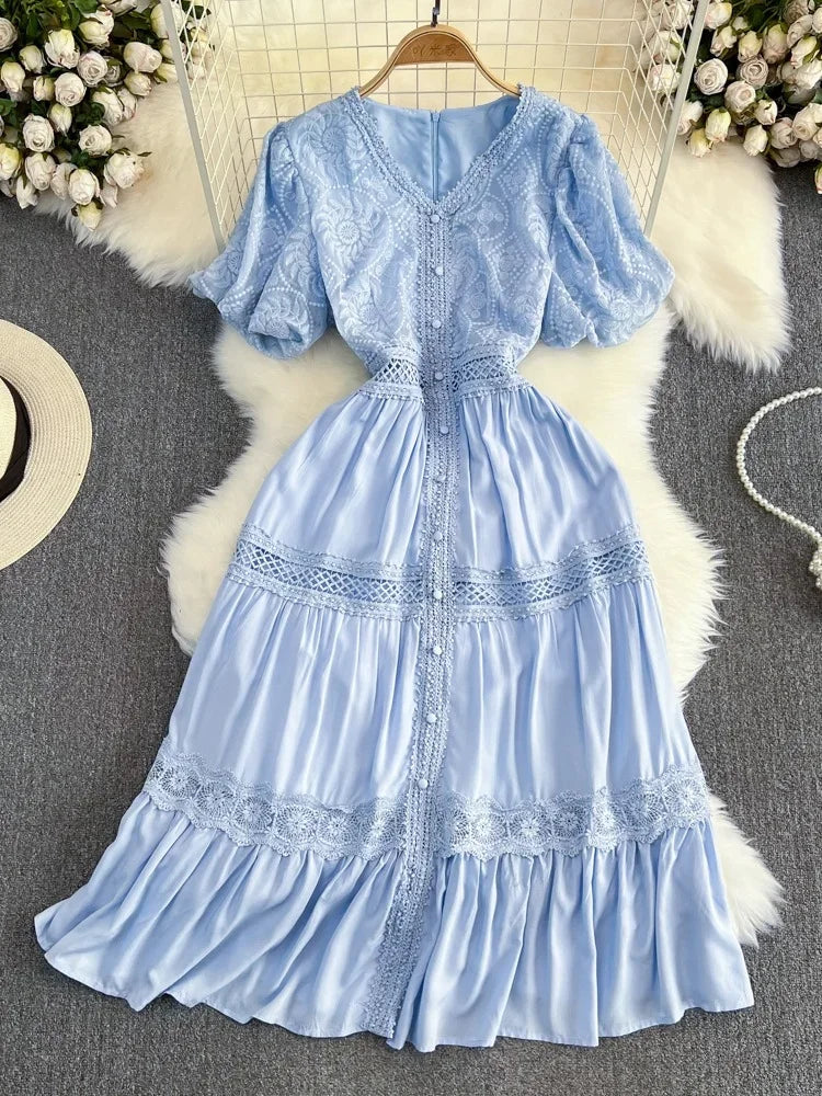 Lace Panel Sheer Sleeve Buttoned Tiered Dress