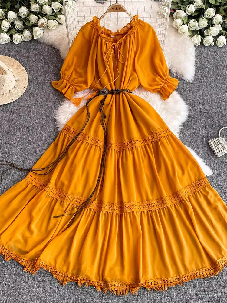 Mustard Bohemian Dress With Lace Trim Details on Luulla