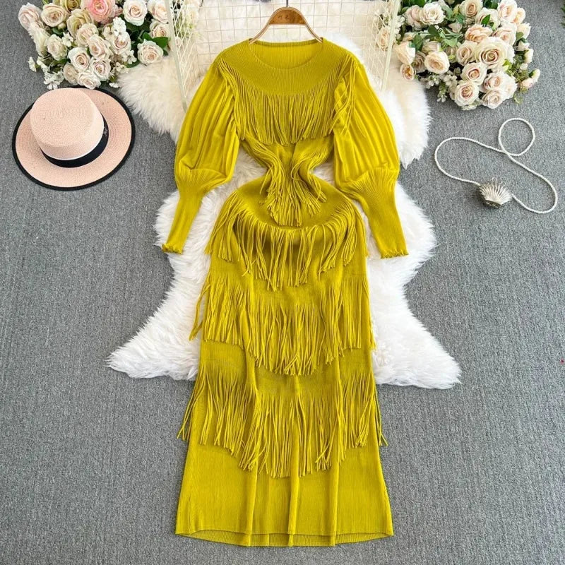 Lime Green Dress With Layered Fringe Detail