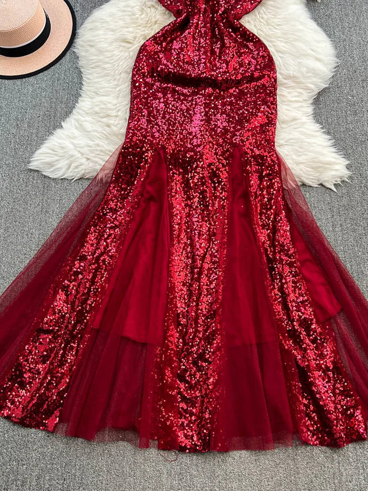 formal mermaid dresses V Neck Mermaid Red Backless Satin Long Prom Dresses, Red Mermaid Open –  morievent