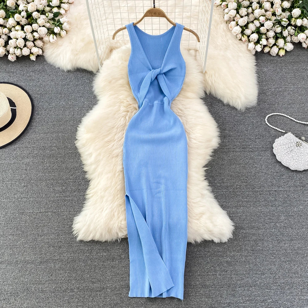Sleeveless Blue Maxi Dress With Front Twist
