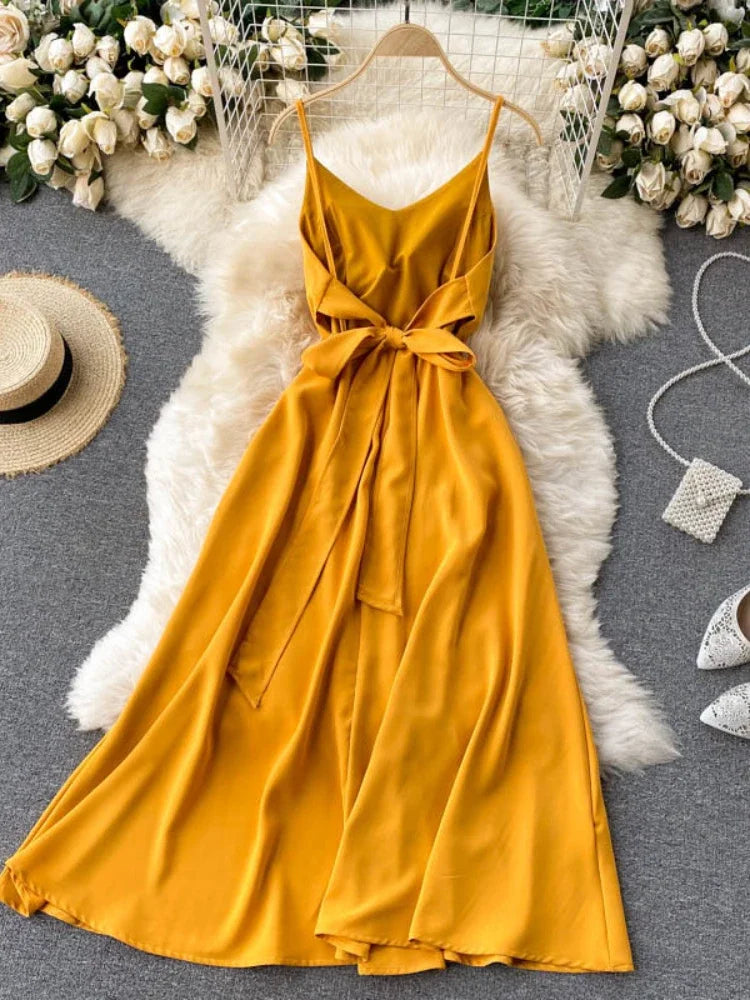 mustard satin slip dress Mustard Satin Slip Dress With Waist
