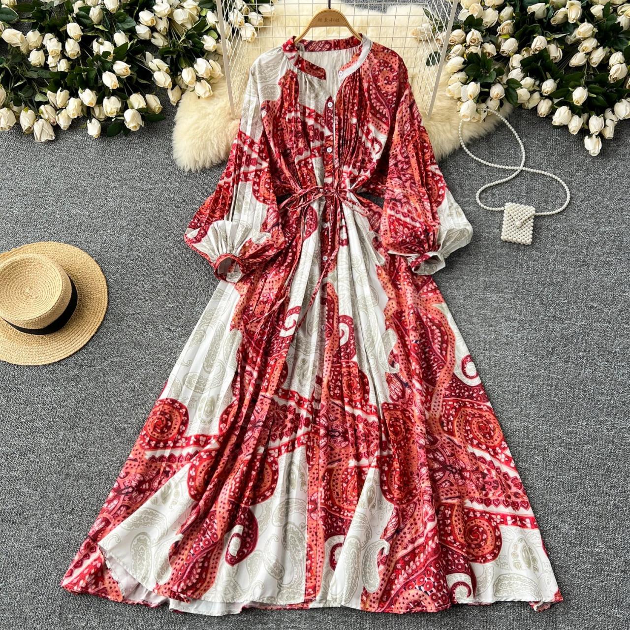 red paisley maxi dress Paisley Long-Sleeve Maxi Dress
