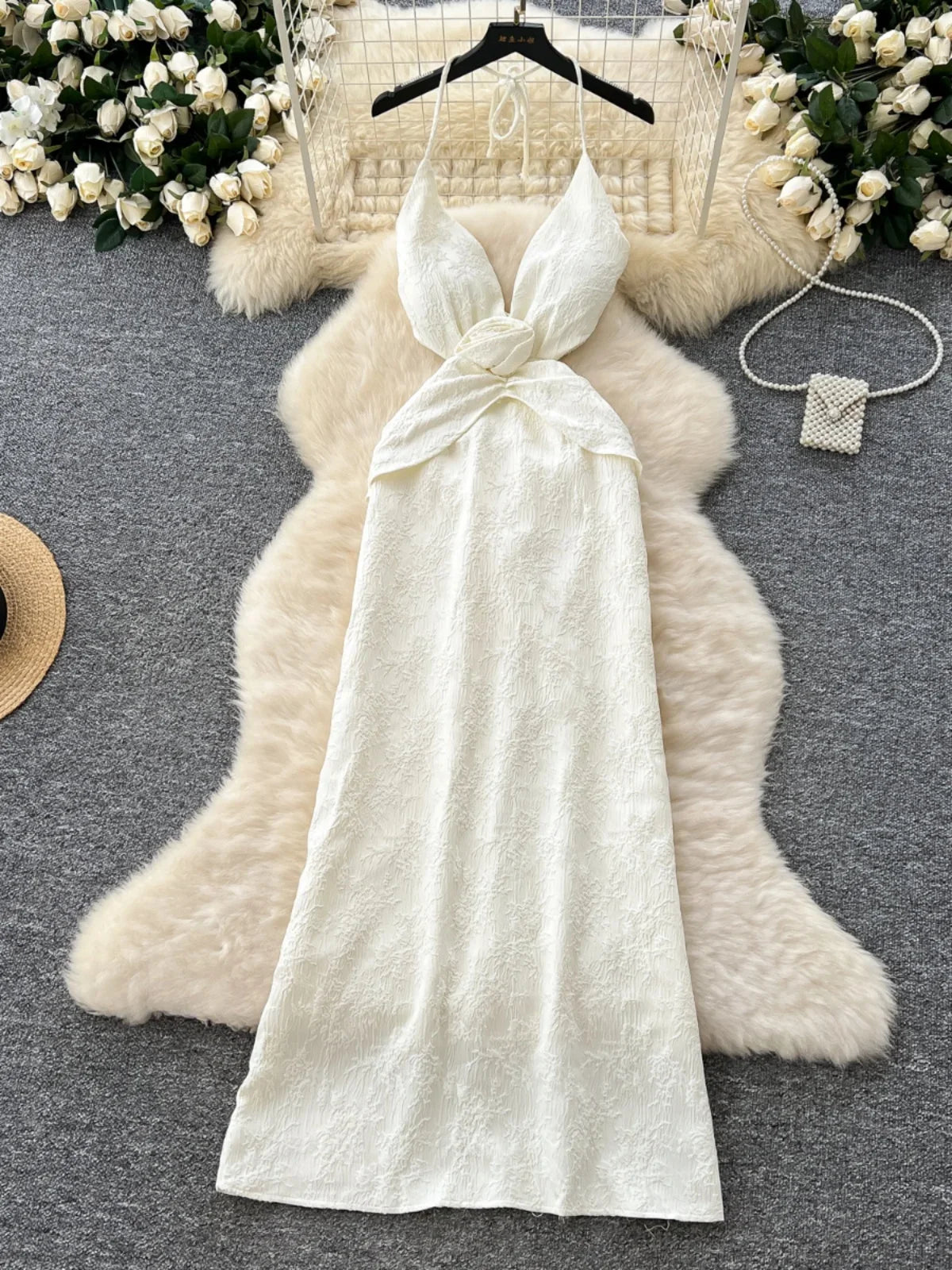 White Halter Maxi Dress With Floral
