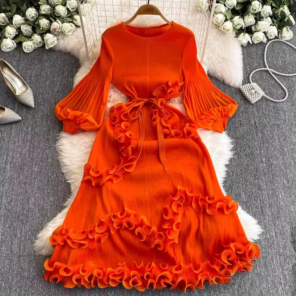 Vibrant Ruffled Orange Dress With Flowy Sleeves