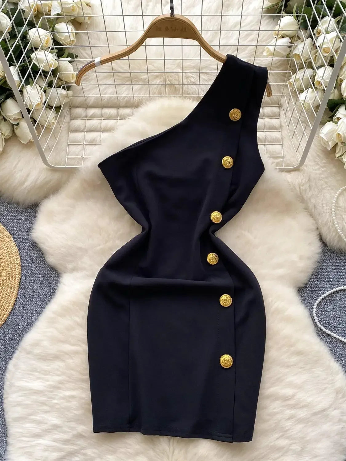 black and gold petite dresses Gold Thread One Shoulder Cut Out Detail Plisse Midi Dress – AX Paris