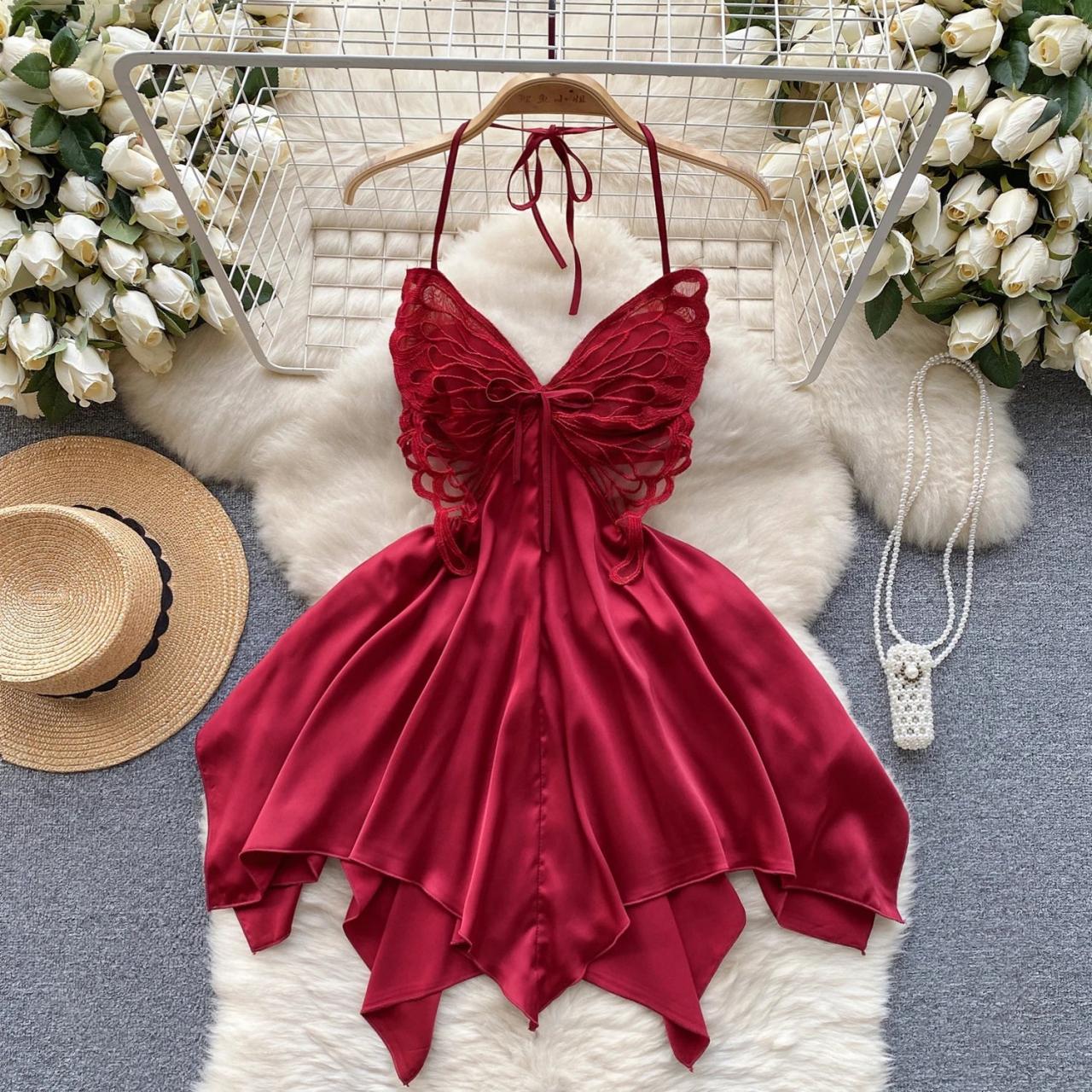 Womens Lace Halter Red Satin Nightgown Dress